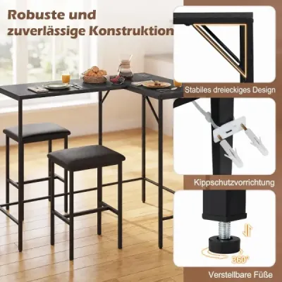 Barový set s 2 barovými stoličkami, vysoký stôl s integrovanou zásuvkou, barový pult s kovovou konštrukciou, čierny