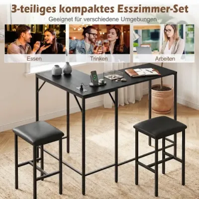 Barový set s 2 barovými stoličkami, vysoký stôl s integrovanou zásuvkou, barový pult s kovovou konštrukciou, čierny