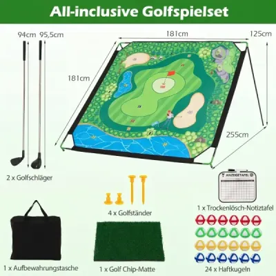 Golfová hra na chipping – nastaviteľná podložka na chipping s kovovým stojanom a 24 loptičkami, 181 x 255 x 125 cm