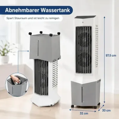 Vežový ventilátor 3 v 1 s ventilátorom, zvlhčovačom vzduchu a odparovacím chladičom s 2 chladiacimi vložkami