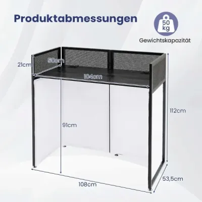 Skladací DJ pult s prenosnou taškou s odvetranou kovovou mriežkou a čiernymi závesmi, 108 x 53 x 112 cm