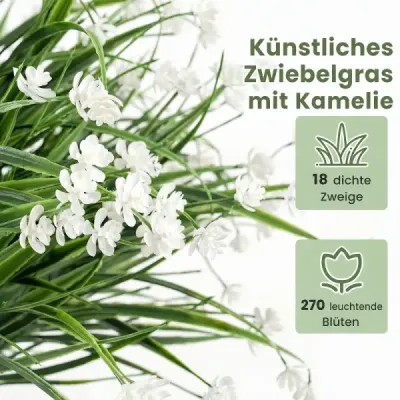 Sada 2 umelých kvetov s 20 cm zemným klasom, umelá cibuľová tráva s kaméliami 70 cm