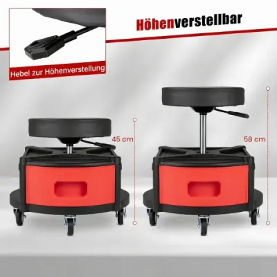 Okrúhla dielenská stolička s kolieskami, výškovo nastaviteľná 45-58 cm, so zásuvkami, nosnosť 150 kg