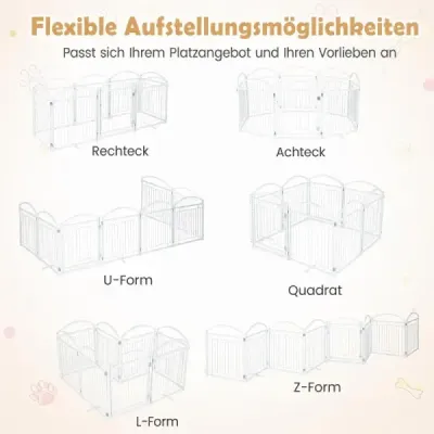 Samostatne stojaca bránka pre psa s dvierkami a pántami otočnými o 360°, 8 panelov, 480 x 81 cm, biela