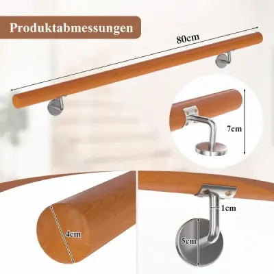 Drevené maxlo 80 cm, zábradlie v schodoch, schodiskové zábradlie z bukového dreva s upevnením na stenu