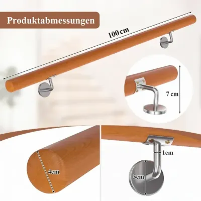 Drevené zábradlie 100 cm, zábradlie na schody, bukové schodiskové zábradlie s nástenným držiakom