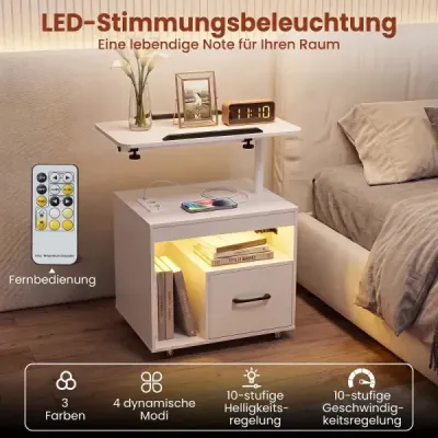 Nočný stolík s kolieskami, LED nočný stolík s naklápacou doskou, nabíjacou stanicou a zásuvkami, biely