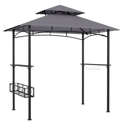 Grilovací pavilón/prístrešok na grilovanie so slnečnou tieňom a dvojitou strechou, grilovací pavilón s košom, 245 x 149 x 248 cm, sivý