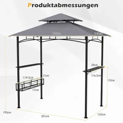 Grilovací pavilón/prístrešok na grilovanie so slnečnou tieňom a dvojitou strechou, grilovací pavilón s košom, 245 x 149 x 248 cm, sivý