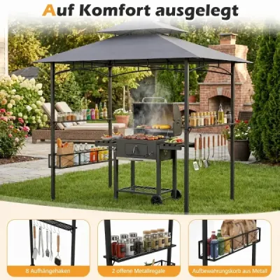 Grilovací pavilón/prístrešok na grilovanie so slnečnou tieňom a dvojitou strechou, grilovací pavilón s košom, 245 x 149 x 248 cm, sivý