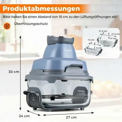 Prenosná fritéza 6 v 1: Vyprážanie a pečenie na horúcom vzduchu, sklenené nádoby s objemom 4 l a 1,7 l, 1500 W, modrá