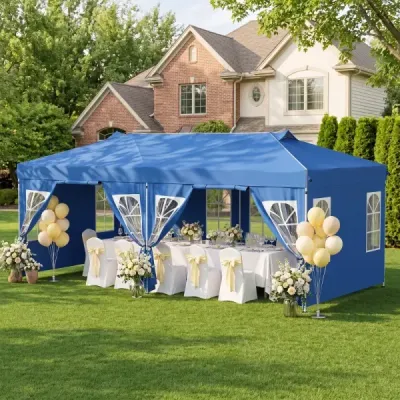 Pavilón 3 x 6 m Pop-up párty stan s nastaviteľnou výškou, 6 bočnými stenami a oknami, modrý