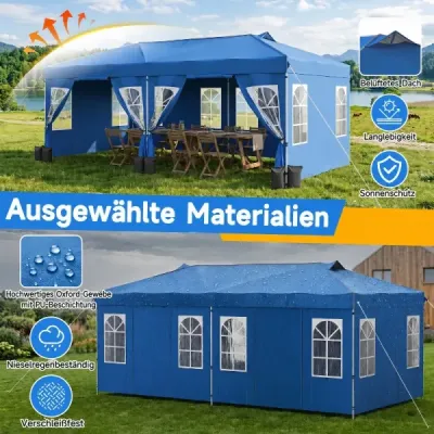 Pavilón 3 x 6 m Pop-up párty stan s nastaviteľnou výškou, 6 bočnými stenami a oknami, modrý