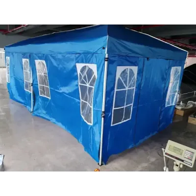 Pavilón 3 x 6 m Pop-up párty stan s nastaviteľnou výškou, 6 bočnými stenami a oknami, modrý