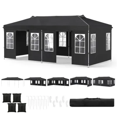 Pavilón 3 x 6 m, rozkladací párty stan s nastaviteľnou výškou, 6 bočnými stenami a oknami, čierny
