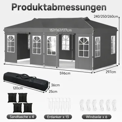 Pavilón 3 x 6 m Pop-up párty stan s nastaviteľnou výškou, 6 bočnými stenami a oknami, sivý