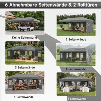Pavilón 3 x 6 m Pop-up párty stan s nastaviteľnou výškou, 6 bočnými stenami a oknami, sivý