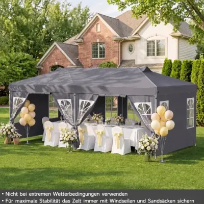 Pavilón 3 x 6 m Pop-up párty stan s nastaviteľnou výškou, 6 bočnými stenami a oknami, sivý