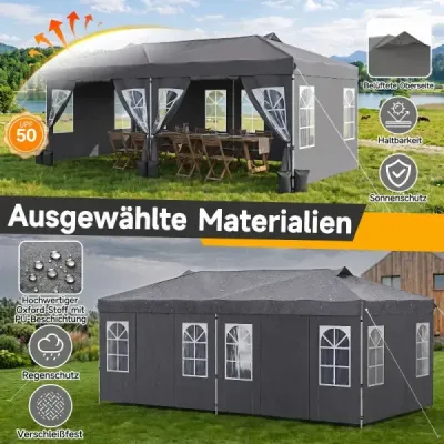 Pavilón 3 x 6 m Pop-up párty stan s nastaviteľnou výškou, 6 bočnými stenami a oknami, sivý
