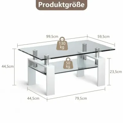 Sklenený konferenčný stolík, stolík do obývačky so spodnou policou, konferenčný stolík, 99,5 x 59,5 x 44,5 cm, biely