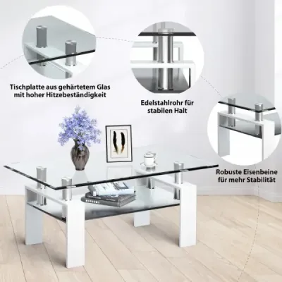 Sklenený konferenčný stolík, stolík do obývačky so spodnou policou, konferenčný stolík, 99,5 x 59,5 x 44,5 cm, biely