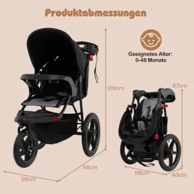 BC10276DE-DK Bežecký kočík, skladací jogger s nastaviteľnou slnečnou strieškou a polohovateľným sedadlom, čierny SKLADOM