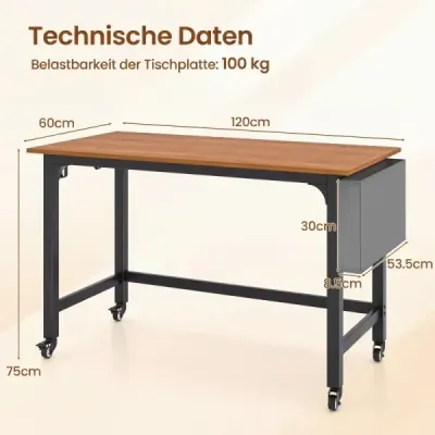 Stôl s kolieskami Počítačový stôl s odnímateľnou textilnou taškou a háčikom na slúchadlá 120 x 60 x 75 cm Príroda