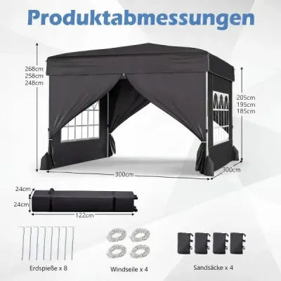 3x3m výklopný pavilón, zimný záhradný pavilón so 4 odnímateľnými bočnými panelmi a vrecami s pieskom, čierny