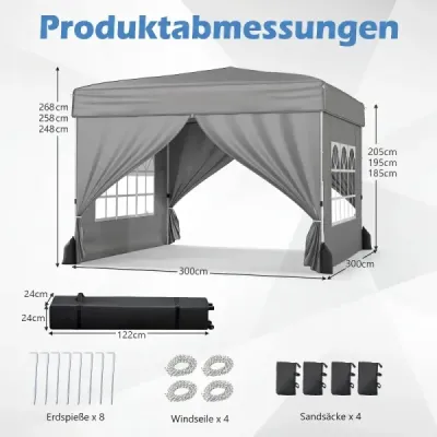 3x3m výklopný pavilón, zimný záhradný pavilón so 4 odnímateľnými bočnými panelmi a vrecami s pieskom, sivý