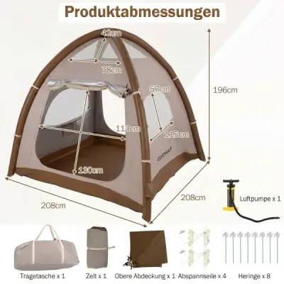 Nafukovací kempingový stan pre 2-4 osoby. Vodotesný nafukovací stan so strešným oknom, 2 dverami a sieťovanými oknami.