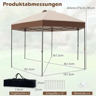 3,6 x 3,6 m Pop-up pavilón – vodovzdorný záhradný pavilón s nastaviteľnou výškou, kovová konštrukcia, hnedý