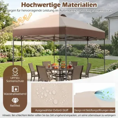 3,6 x 3,6 m Pop-up pavilón – vodovzdorný záhradný pavilón s nastaviteľnou výškou, kovová konštrukcia, hnedý
