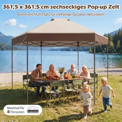 3,6 x 3,6 m Pop-up pavilón – vodovzdorný záhradný pavilón s nastaviteľnou výškou, kovová konštrukcia, hnedý