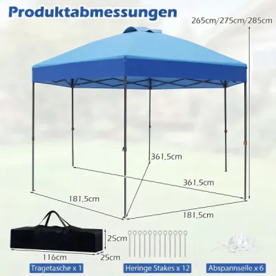 3,6 x 3,6 m Pop-up altánok – vodovzdorný záhradný altánok s nastaviteľnou výškou a kovovou konštrukciou, modrý
