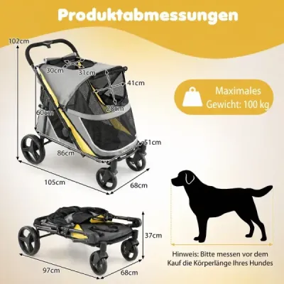 Skladací kočík pre psa so 4 terénnymi kolesami a sieťovanými okienkami, nosnosť do 100 kg