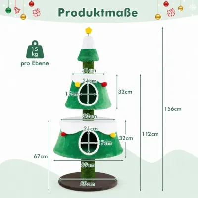 Škrabadlo na vianočný stromček pre mačky 156 cm s mačacou jaskyňou, jutovými škrabadlami a prateľnými vankúšmi