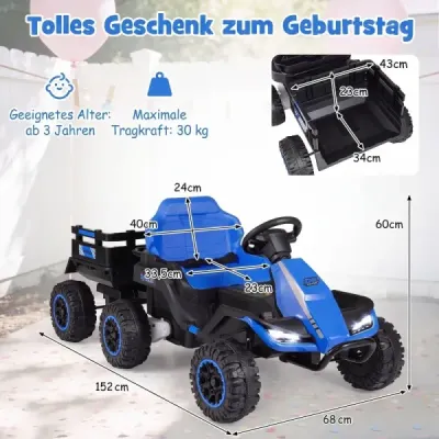 24V elektrický traktor pre deti od 3 rokov, detský traktor s diaľkovým ovládaním 2,4 GHz, modrý