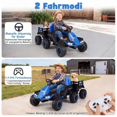 24V elektrický traktor pre deti od 3 rokov, detský traktor s diaľkovým ovládaním 2,4 GHz, modrý