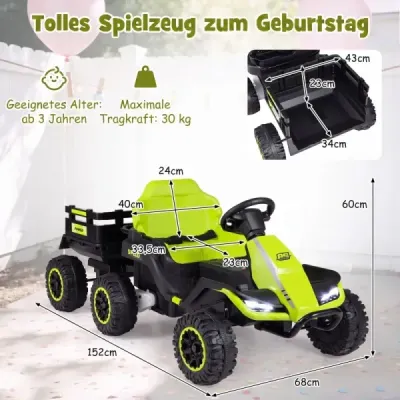 24V elektrický traktor pre deti od 3 rokov, detský traktor s diaľkovým ovládaním 2,4 GHz, zelený