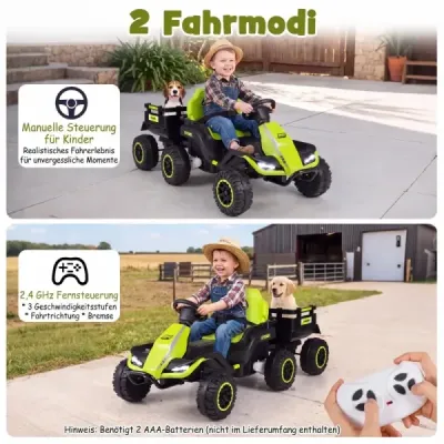 24V elektrický traktor pre deti od 3 rokov, detský traktor s diaľkovým ovládaním 2,4 GHz, zelený