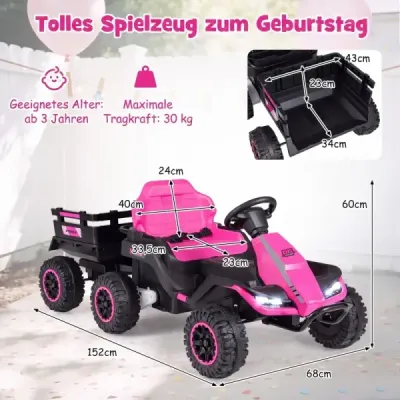 24V elektrický traktor pre deti od 3 rokov, detský traktor s diaľkovým ovládaním 2,4 GHz, ružový