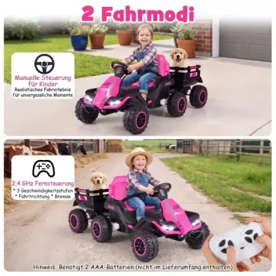 24V elektrický traktor pre deti od 3 rokov, detský traktor s diaľkovým ovládaním 2,4 GHz, ružový