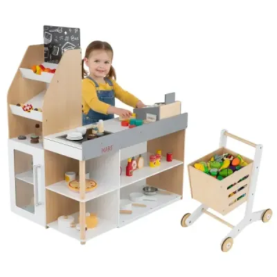 Drevený detský obchodík/supermarket pre dievčatá a chlapcov od 3 rokov s tabuľou a pokladňou
