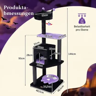 144 cm gotický škrabadlo pre mačky so škrabadlami, pelech a mačacia jaskyňa, čierna + fialová