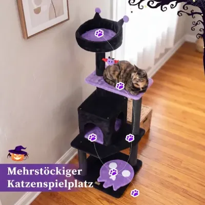 144 cm gotický škrabadlo pre mačky so škrabadlami, pelech a mačacia jaskyňa, čierna + fialová