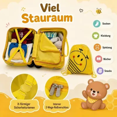 3-dielna sada detských kufrov, detský vozík v tvare včely na sedenie, pre deti od 3 rokov, žltá