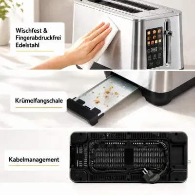 Hriankovač z nehrdzavejúcej ocele na 4 plátky s LED displejom a miskou na omrvinky, 1600 W, hriankovač s dlhým otvorom, strieborný