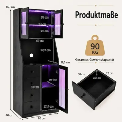 163 cm drevená kuchynská skrinka, príborník s pracovnou doskou, LED osvetlenie a 3 dvierka, čierna
