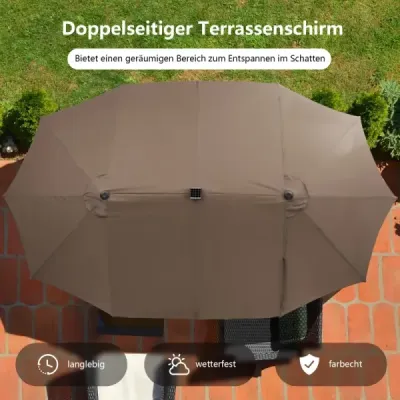Veľký dvojitý záhradný slnečník 470 cm so 48 solárnymi LED svetlami a kľukou, hnedý