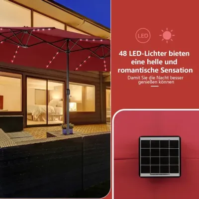 Veľký dvojitý záhradný slnečník 470 cm so 48 solárnymi LED svetlami a kľukou, vínovočervený